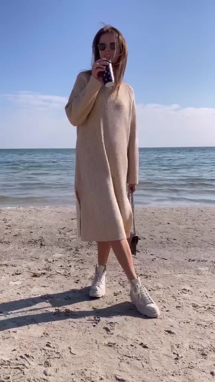 Beige Chunky Knit Sweater Dress, Cotton Midi Dress, Oversized Fit
