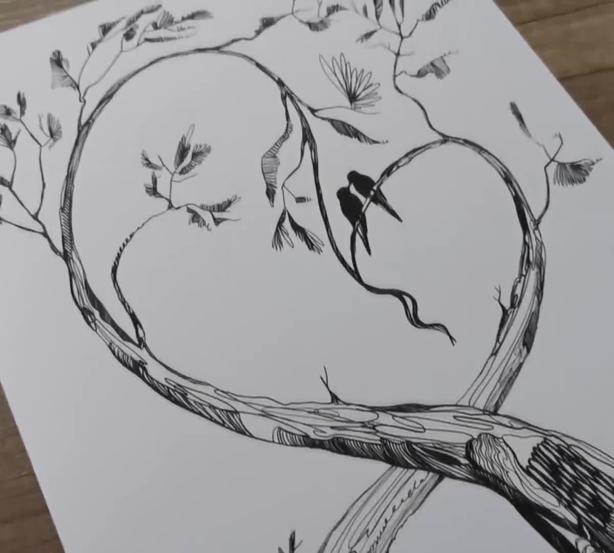 Love Tree - High-quality A4 Print | Black and White Tree Drawing
