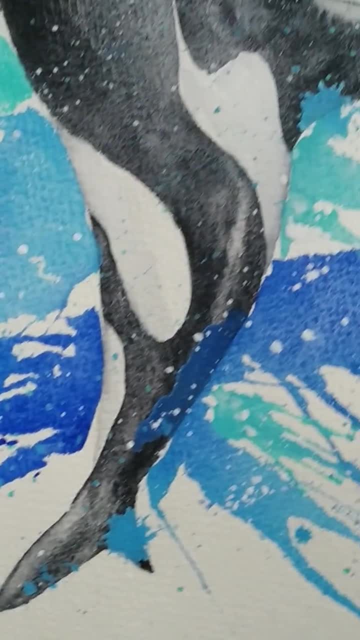 シャチのオリジナル水彩画、シャチのアートワーク、自然愛好家へ