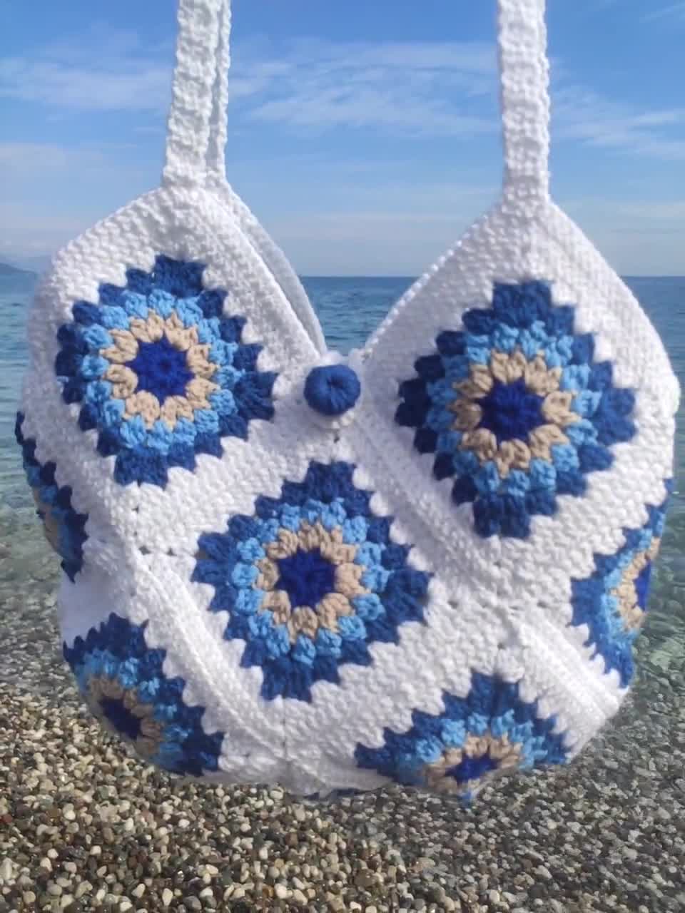 White Blue Crochet Bag / Granny Square Bag / Knitted Women -  Finland