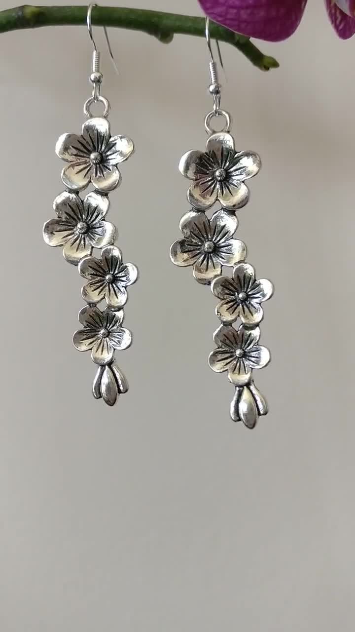 Cherry Blossom Earrings Flower Charm Dangle Silver Tibetan Japanese Chinese