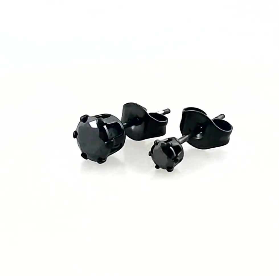 Solid Round Black CZ Steel Stud Earrings, Cubic Zirconia Surgical