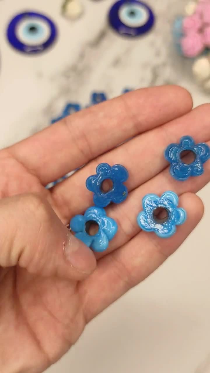 2 Large Transparent Blue Glass Flower Beads, Large Chunky Flower