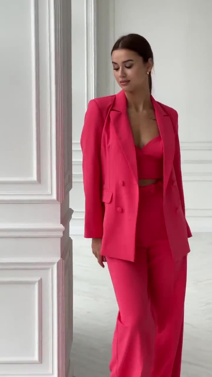 Hot Pink Flared Pants Suit Set With Blazer, Pink Blazer Trouser