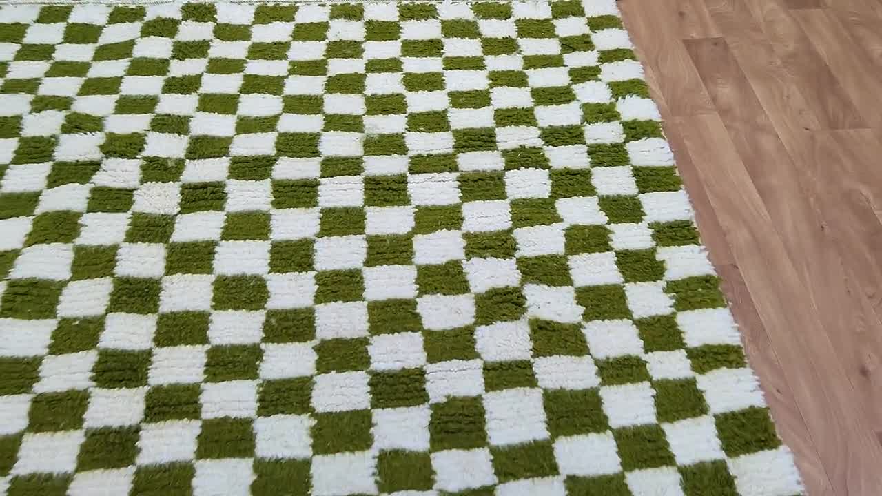 Checkered Berber Rug, 3x4 Handwoven Checkerboard Green popular and White Small runner Rug.