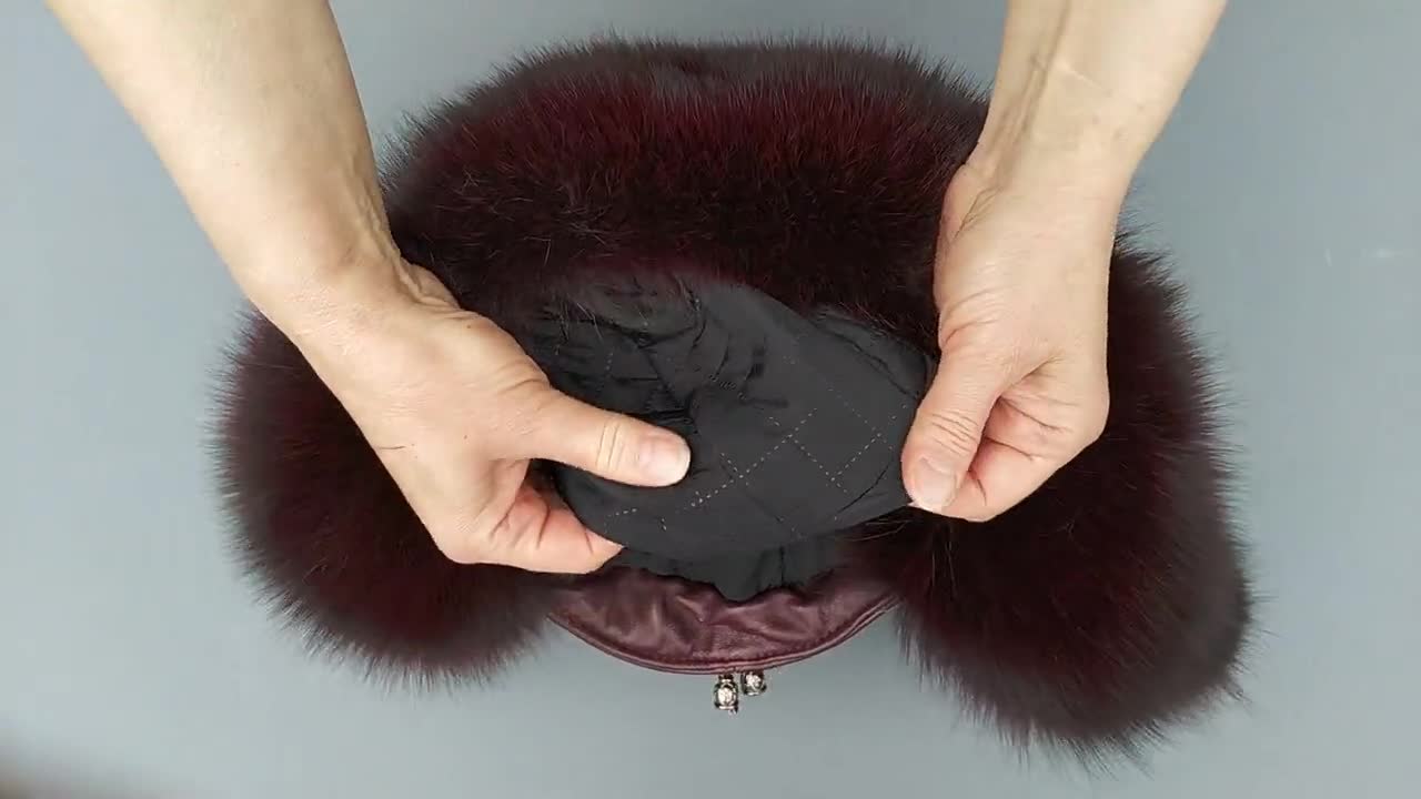 Burgundy Fur Trapper Hat With Ear Flaps, Genuine Fox Fur, Winter