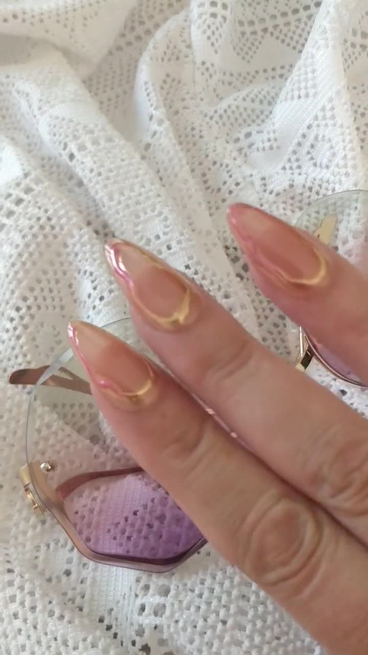 Cozy - Nude jelly almond press on nails, with pink and gold chrome effect.  Hand painted reusable gel nails.