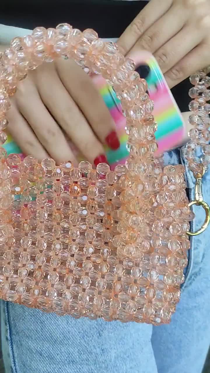 【MERRMA】メルマ ハンドバッグ BEAD BAG ビーズ サテン Crossbody Bag, Salmon Beaded Bag,bead Bag, Beaded Shoulder