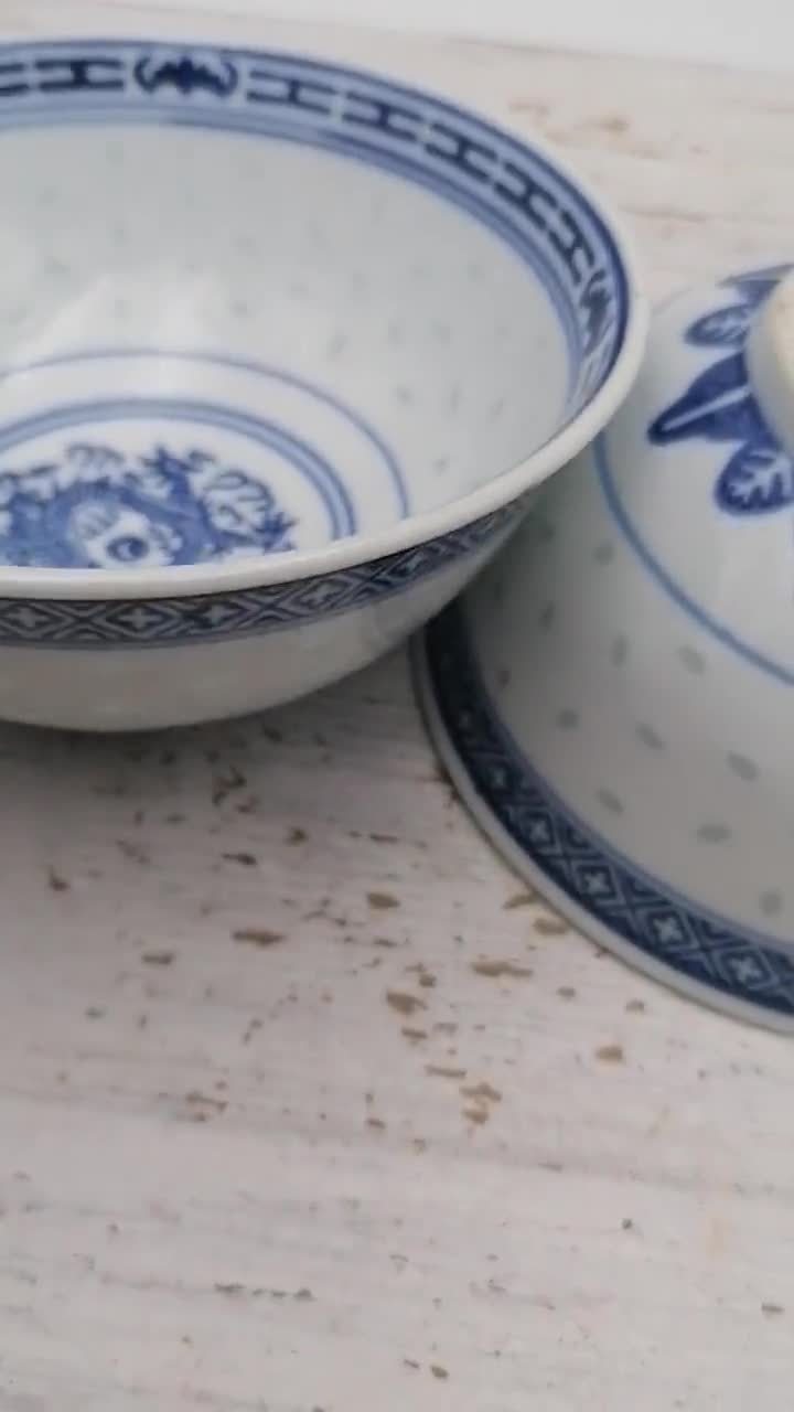 Three Vintage Chinese Soup Bowls With Spoons / Blue and White Rice Grain  China / Blue and White Pottery / Traditional Chinese Pottery 