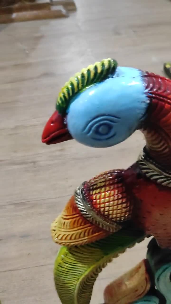 Hand Carved Jackfruit Wood Parrots Statue, South Indian Decor