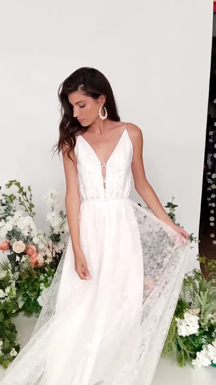 MALENA / Fit and Flare Wedding Dress With Deep Plunge Strapless Neckline,  Beach Wedding Dress, Luxury Wedding Dress, Lace Wedding Dress 