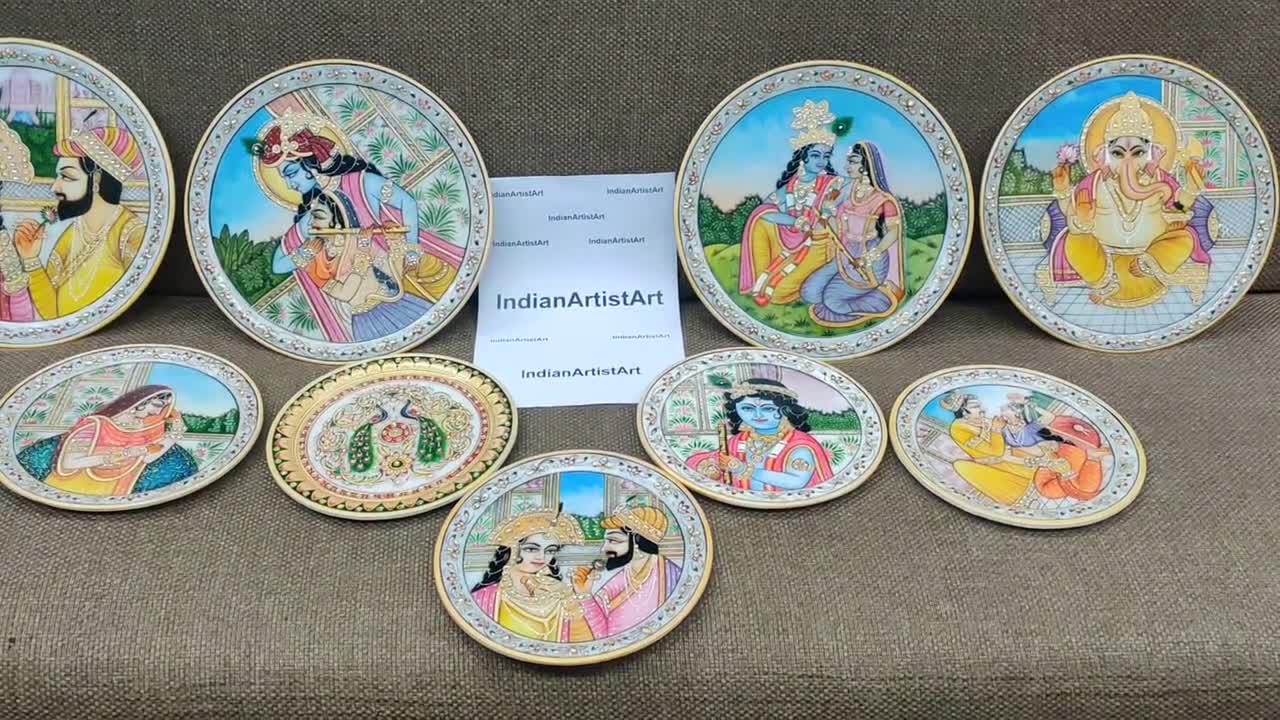 Jaipur store Decorative platters Hand painted plate for home décor Table décor marble 9 inch makrana marble plate showpiece gift Rajasthani Woman