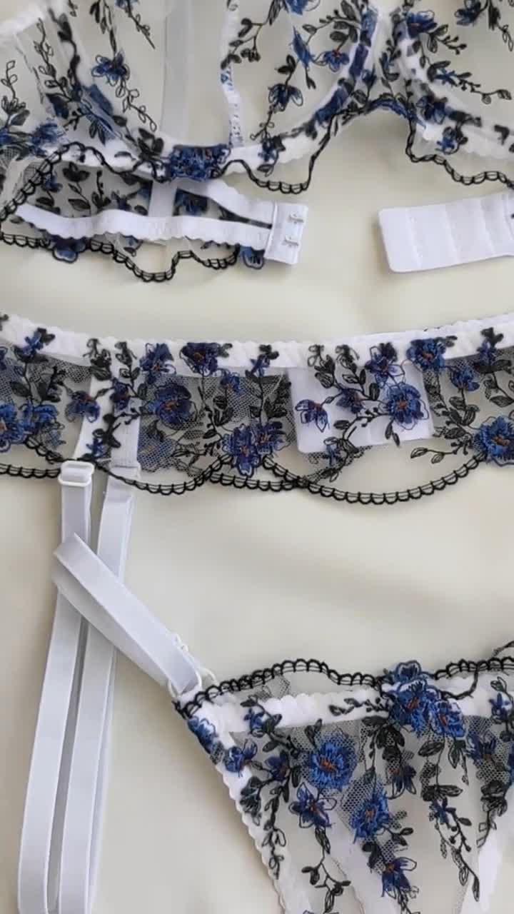 Floral Lace Lingerie-embroidered Lingerie Set Blue Lingerie Set-lingerie  With Flowers-white Mesh Lingerie-sheer Lingerie 