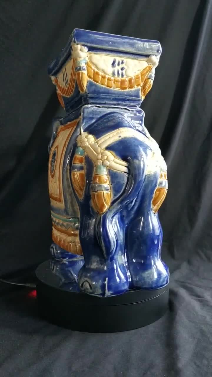 China Seas 象 陶器 置物 花器 小物入 Blue Elephant Vintage Chinese Blue & White Porcelain Elephant Plant Stand