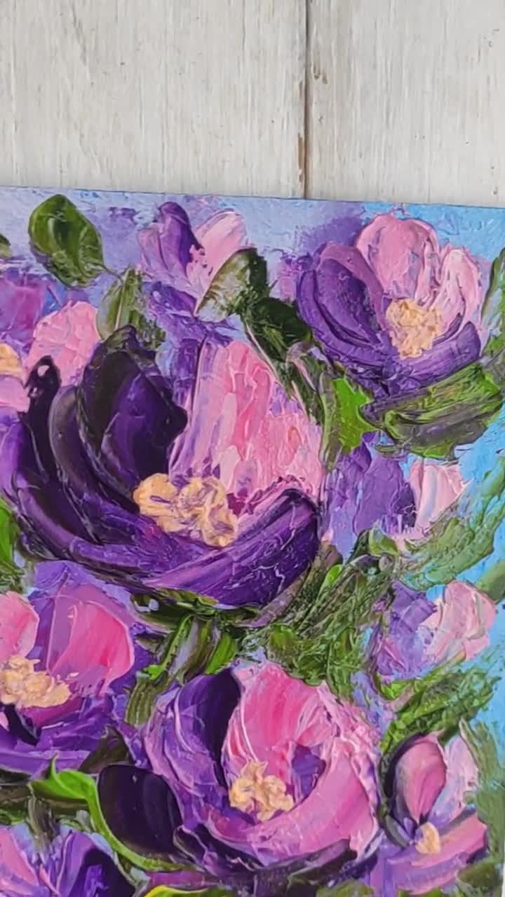 ピンク紫の抽象的な花の絵画、インパストアートワーク、小さな