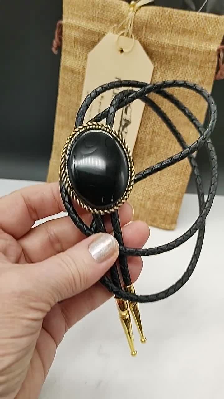 Custom Bolo Tie with Black Onyx Agate -Wedding - Western Necktie -Silver or  Gold with Black or Brown Leather Vegan Cord Tension Clasp