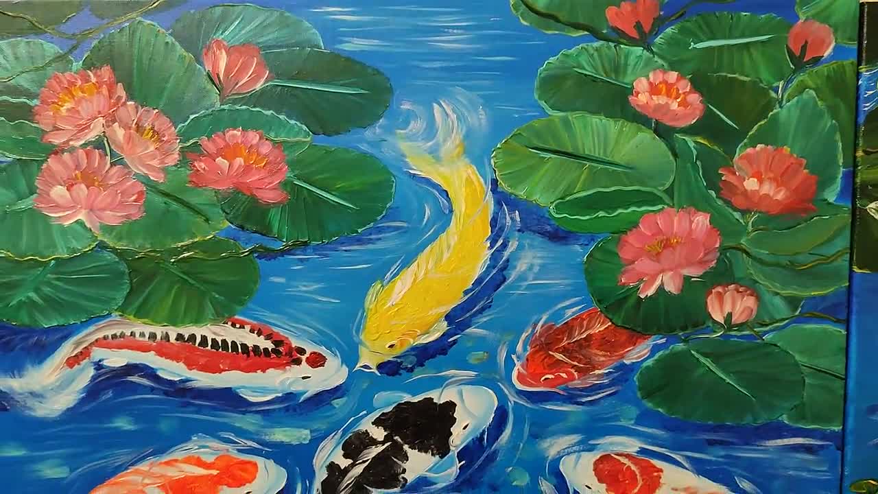 Koi fish drawing illustration painting oriental pond japan Japanese wall  art home decor colorful water lily