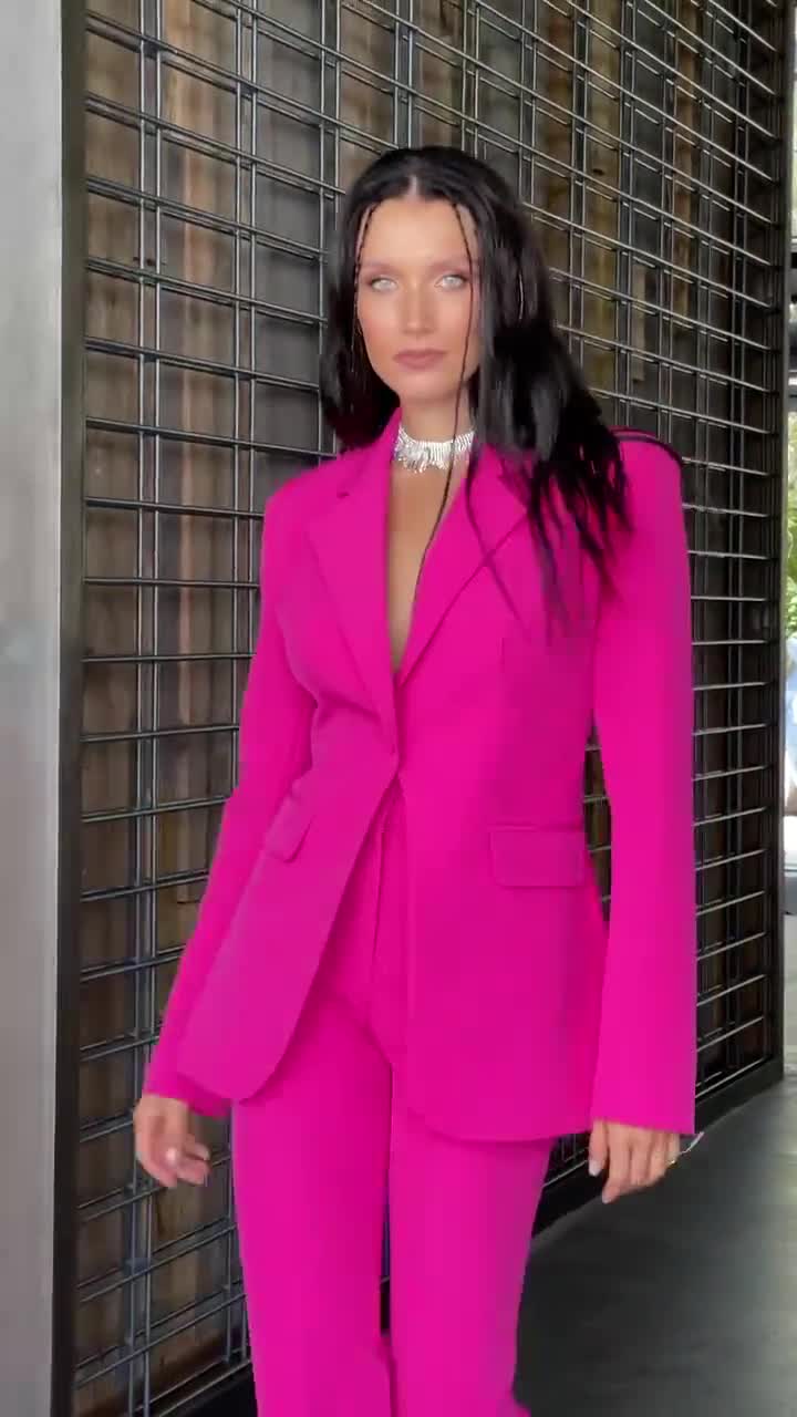 Hot Pink Blazer Trouser Suit Set for Women, Pink Pantsuit With