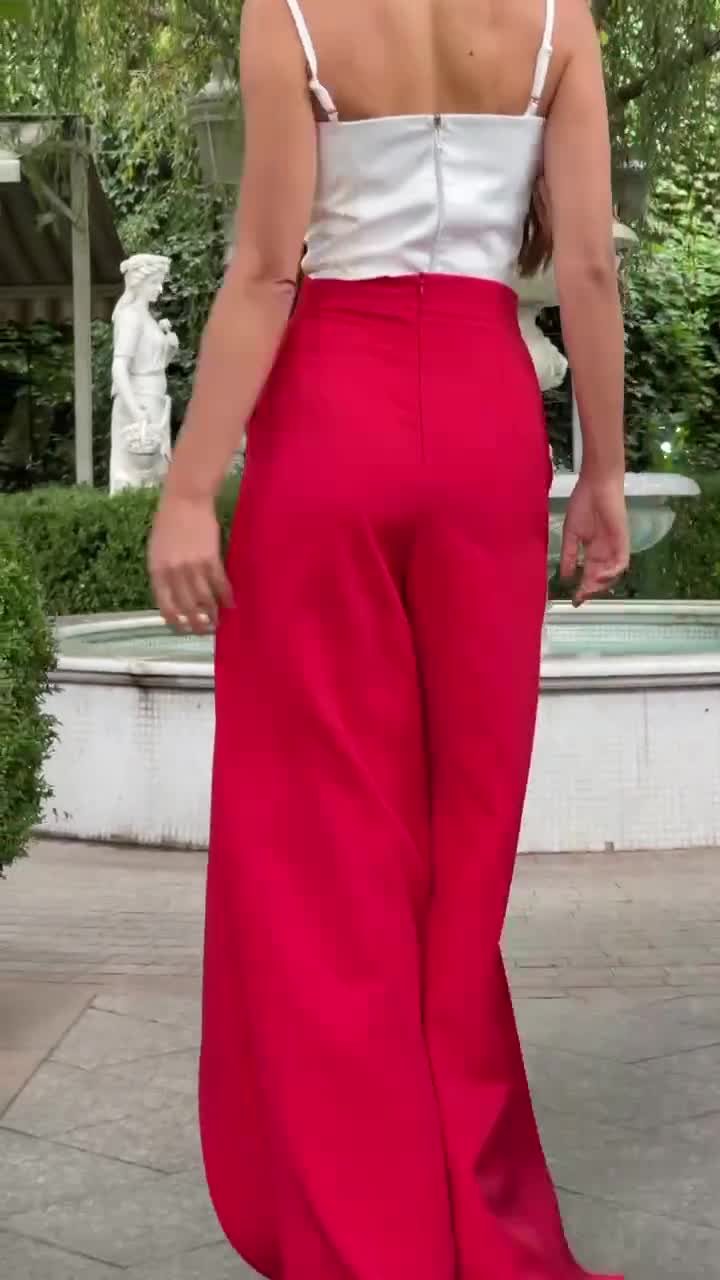 Red Wide Leg Pants With High Front Slit, Red High Waist Palazzo Pants for  Women, Special Event Women's High Rise Pants 