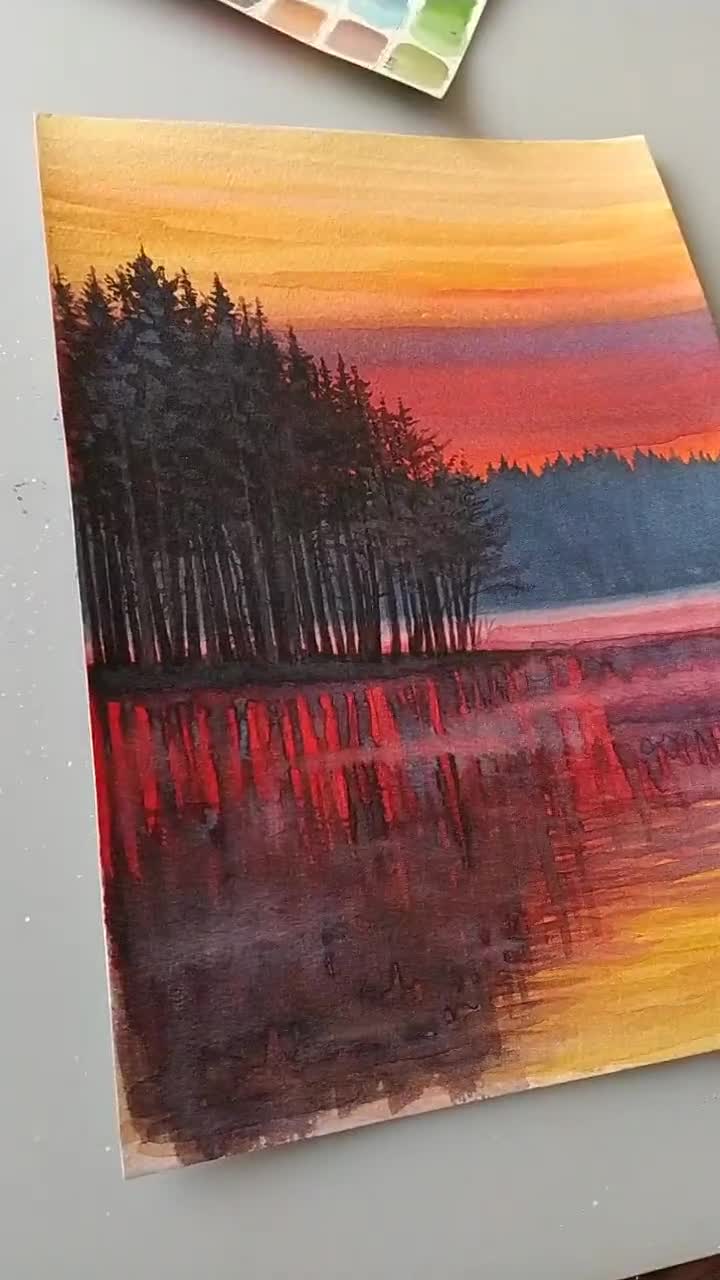 Sunset over the river, Red sunset, hotsell Original Watercolor Painting, Waterfront