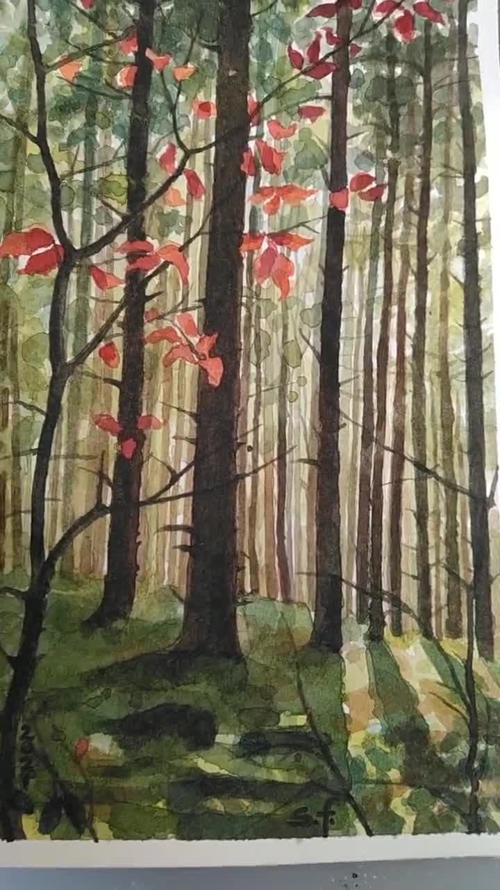 油彩画 自然の風景 赤い空と緑の木々 森の中 - オリジナルの水彩画、自然画、密林の木々の絵、木々や赤い葉