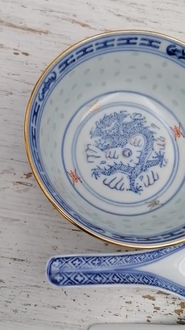 Three Vintage Chinese Soup Bowls With Spoons / Blue and White Rice