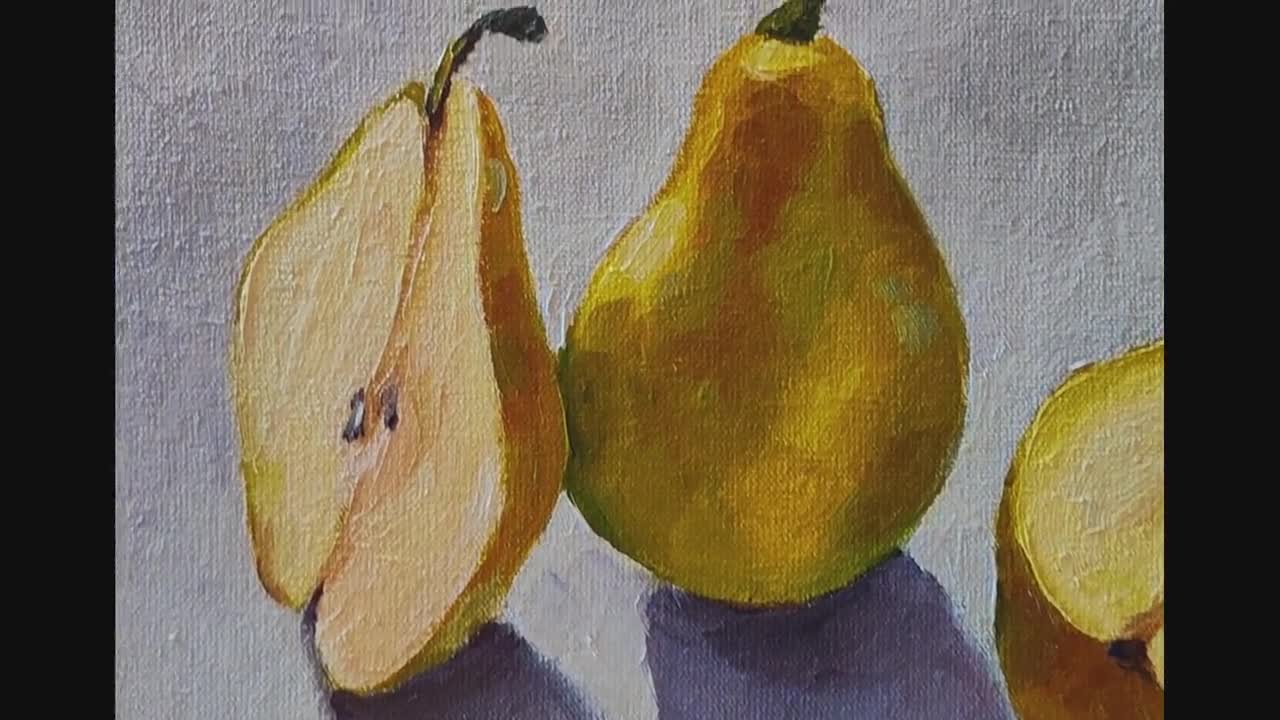 洋梨の油絵：キッチンの静物画、オリジナルアート（キャンバスボード 7