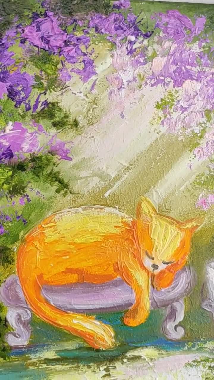 オレンジ色の猫の絵 猫のアート 子猫のミニ油絵 猫好きへのギフトの