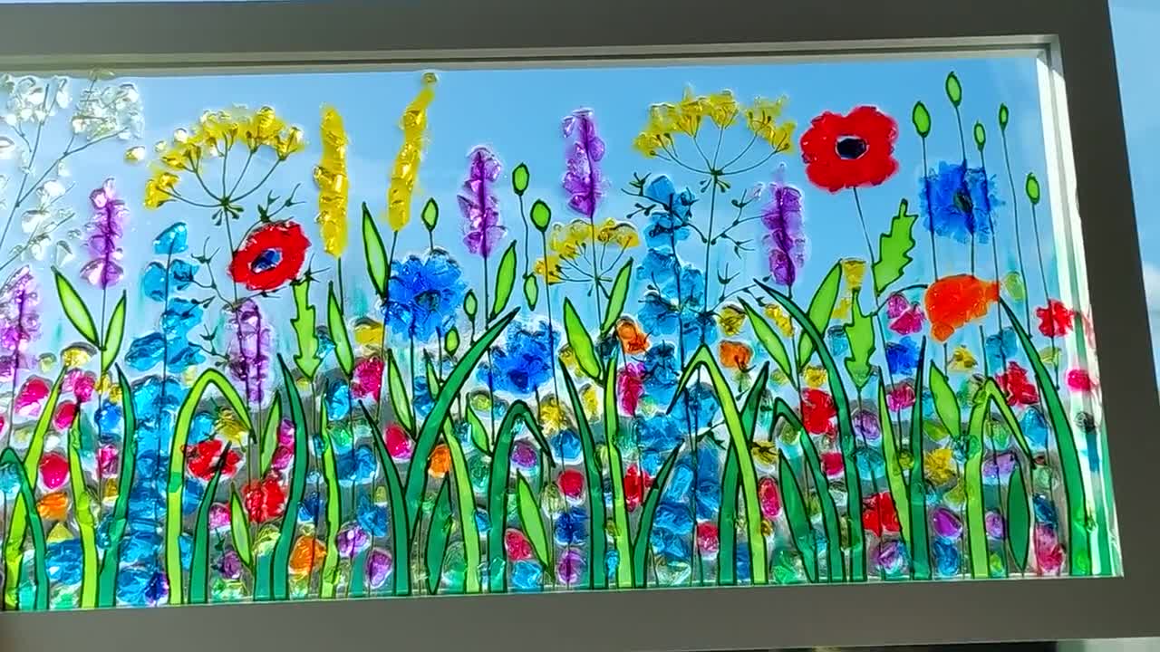 Wild Flowers 17x9 Glass Painting Sun Catcher Stained Glass Glass