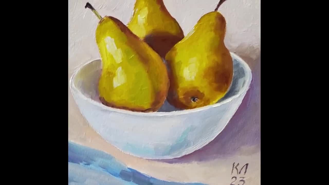 洋梨の油絵：キッチンの静物画、小さなフルーツの壁飾り - Etsy 日本