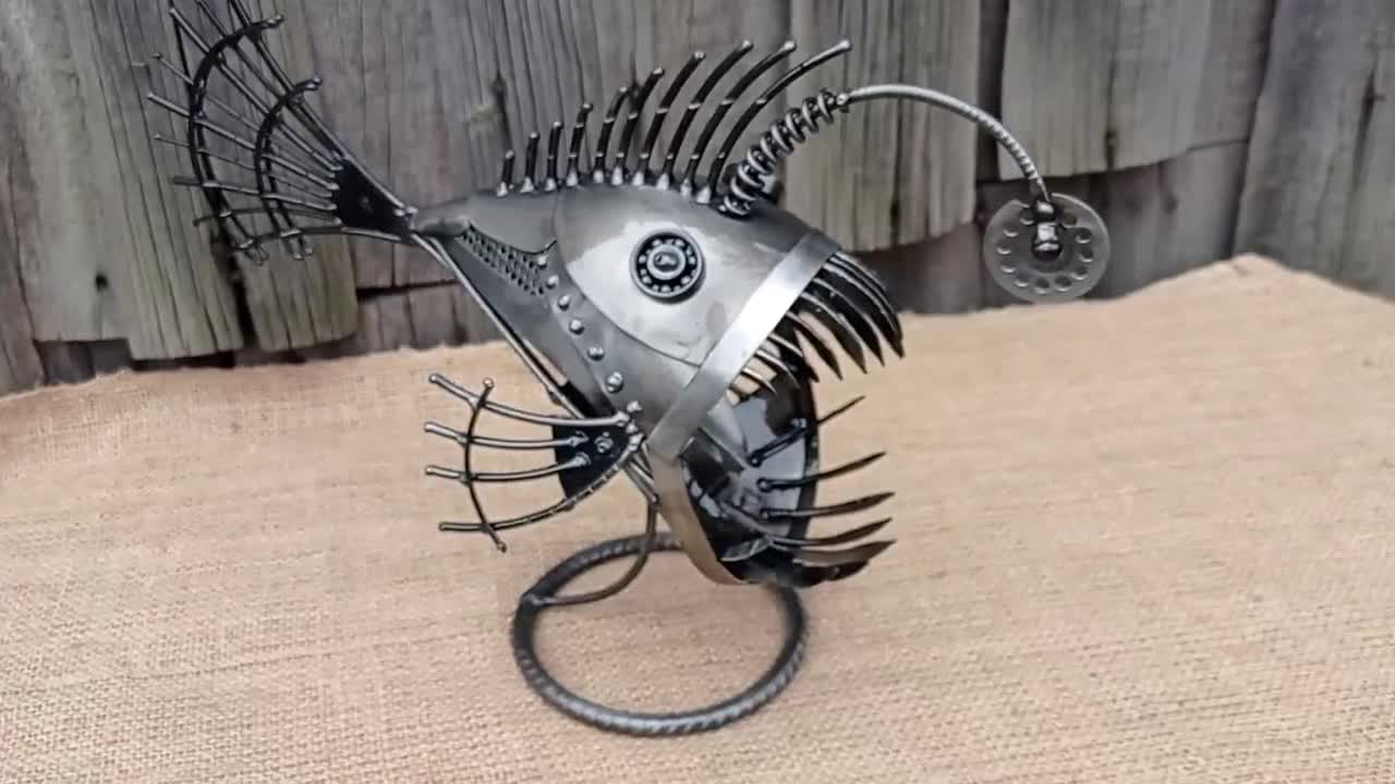 Art Metal Sculpture Angler Fish. Steampunk Predatory Fish Figurine