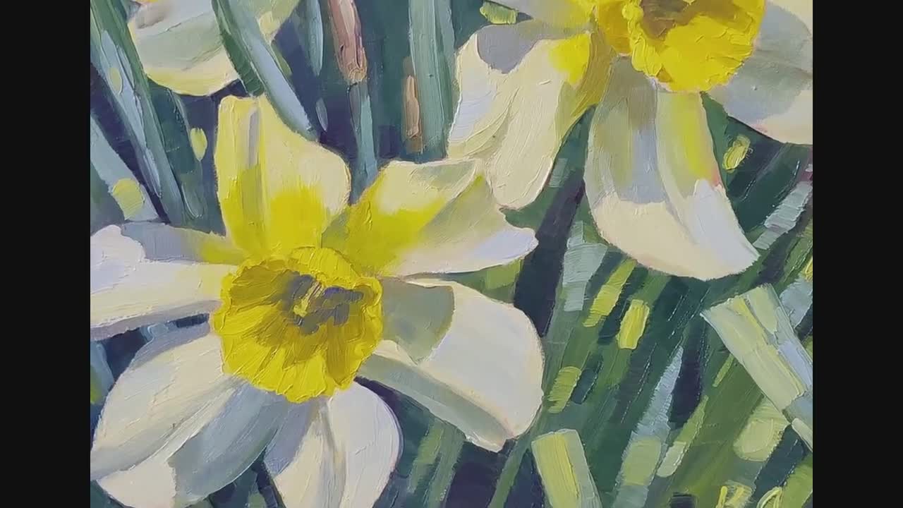 黄色い水仙の油絵：春の花の風景画（11.8 x 11.8インチ） - Etsy 日本