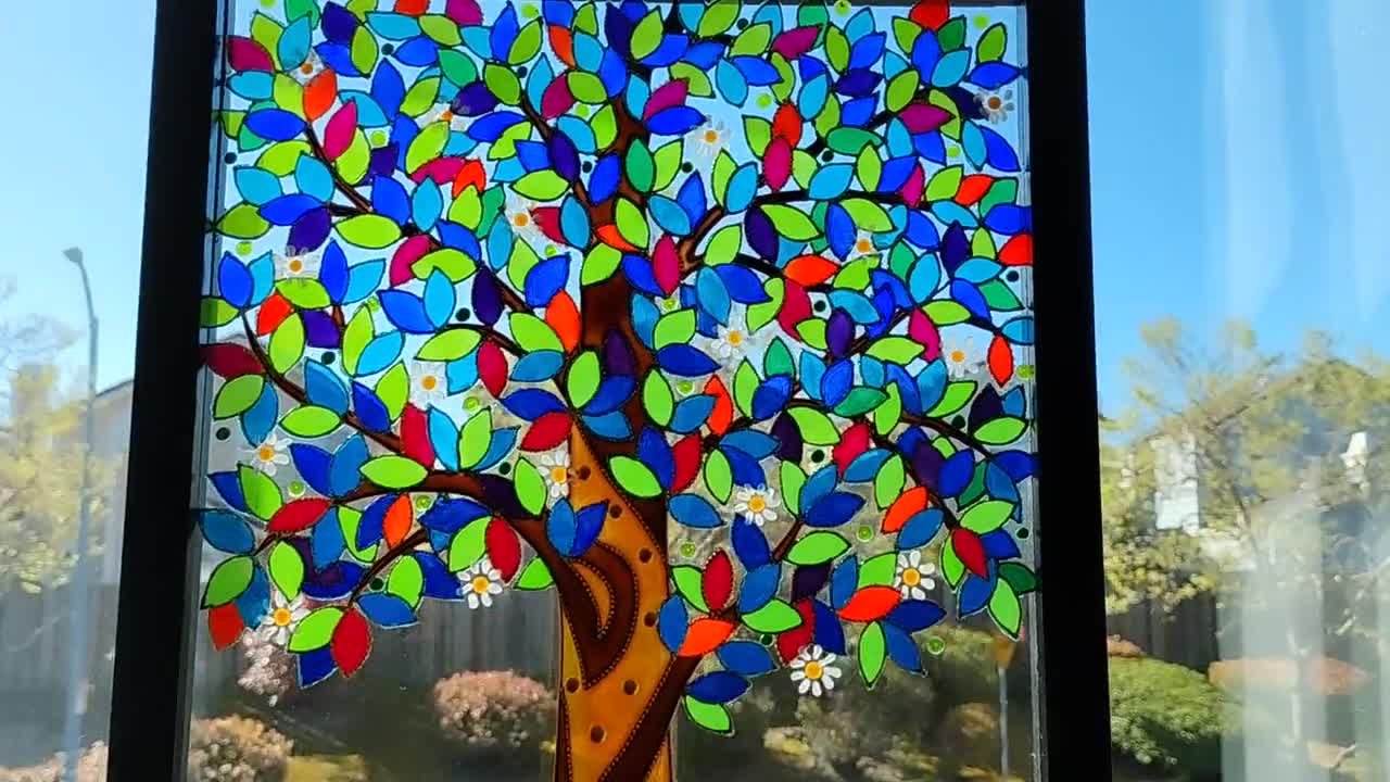 Tree Art 12x15 Glass Painting Glass Art Painted Glass Window Decor Wall  Decor Sun Catcher Stained Glass Modern Art Colorful Painting 
