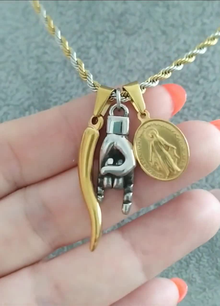 Italian Horn Necklace for Men, 2 Tones Madonnina Mano Co