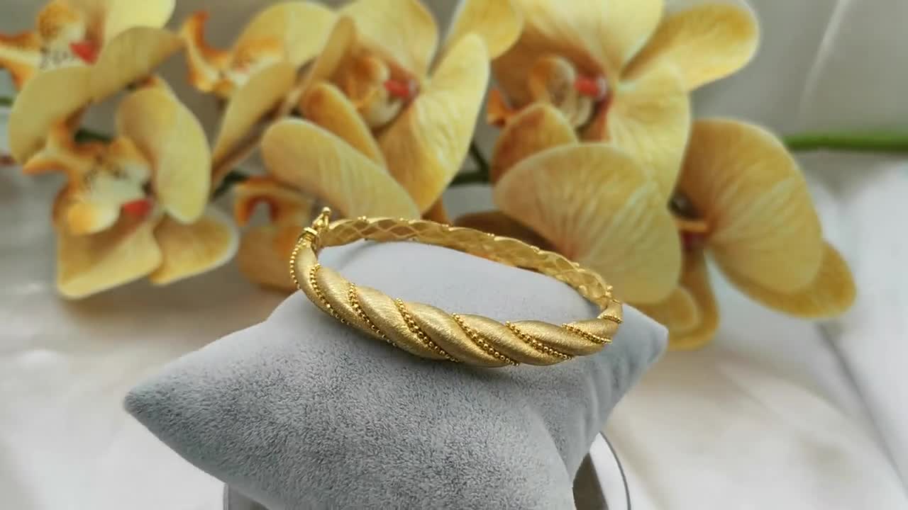 14K Yellow Matte Gold Twist Bracelet, 24K Gold Color Shiny Bangle