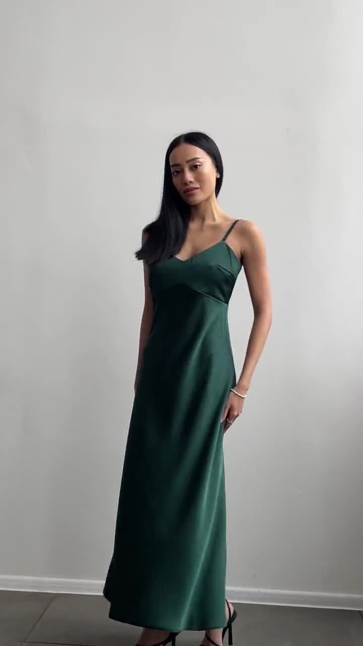 emerald green long slip dress Emerald Green Silk Slip Dress, Cowl Neck and Feather straps