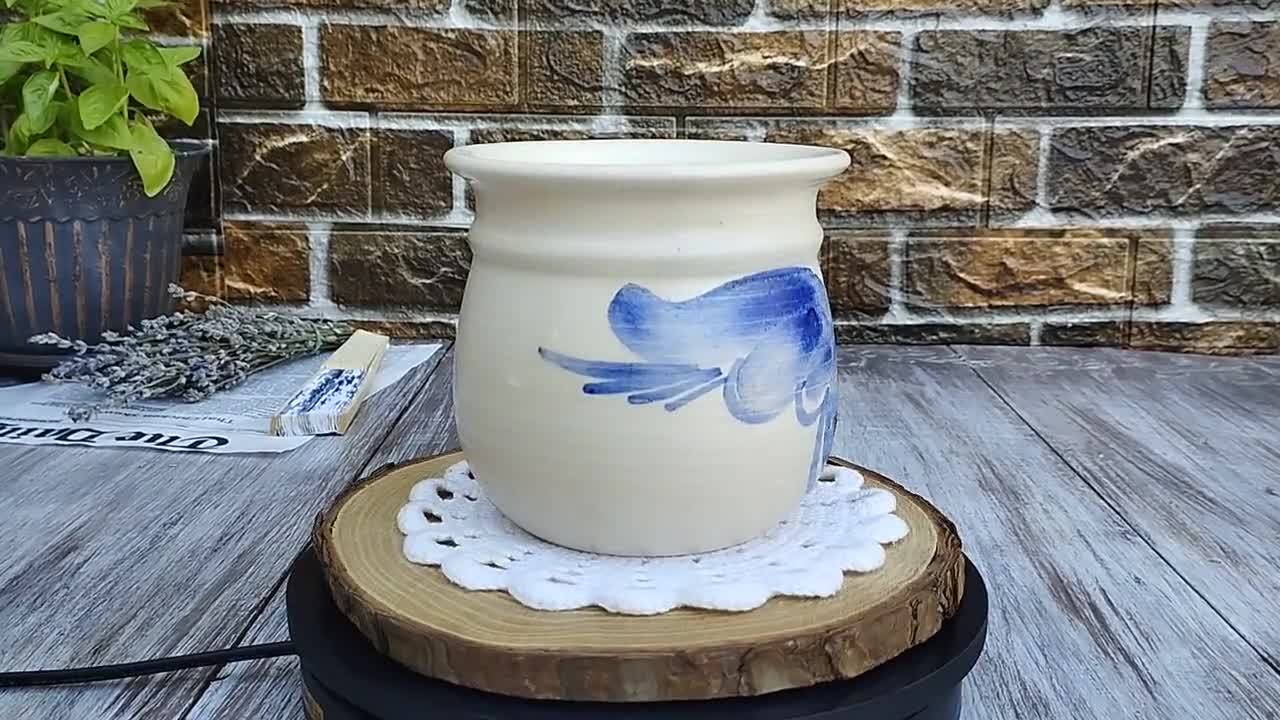 Vintage Scandinavian Pottery Vase: Blue Floral Painted Ceramic