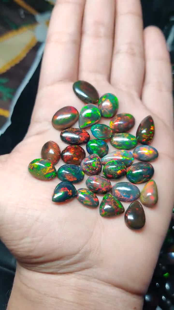 11 newest Cts Natural Best Quality Black Ethiopian Opal Cabochon Gemstone Multi Fire Black Opal Size 15x6.5 To 13x7 mm 5 Pcs Jewelry Stone