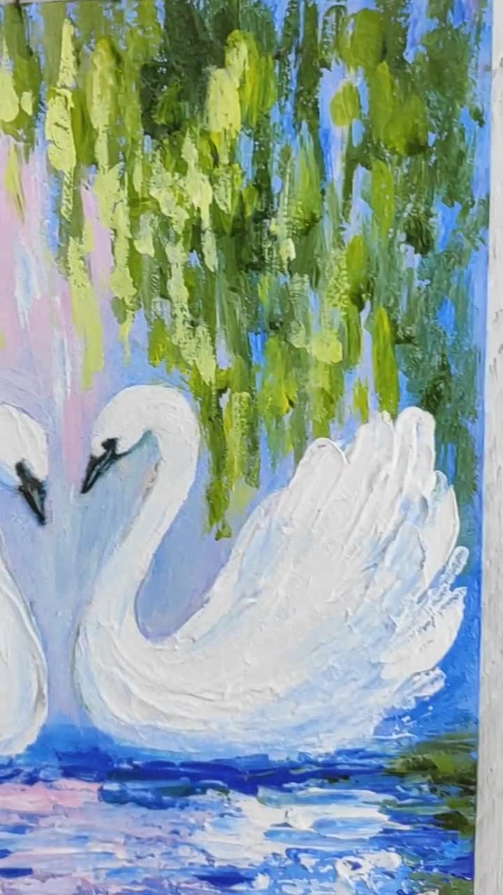 湖の上の白鳥 ミニチュア絵画 オリジナル油絵キャンバス インパスト
