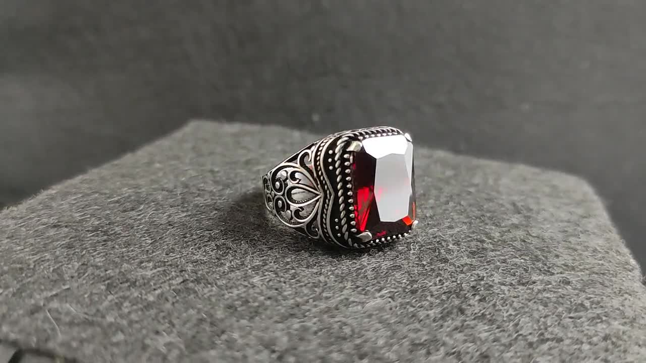 INRENG Men's Vintage Square Ruby Stone Ring - Stainless Steel Signet Biker Band With Red/Black CZ Crystals - View #9