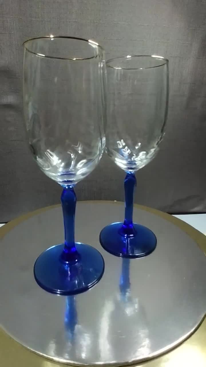 Set of Two Vintage 80s Lenox Cobalt Blue Stem Crystal Wine Glasses with  Clear Swag and Gold Trim