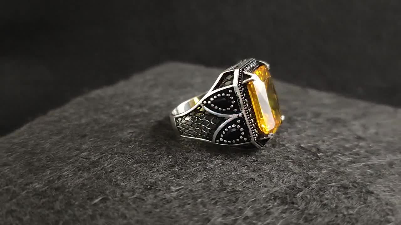 メンズスクエアイエローシトリンジェムストーンシルバーリング、メンズ