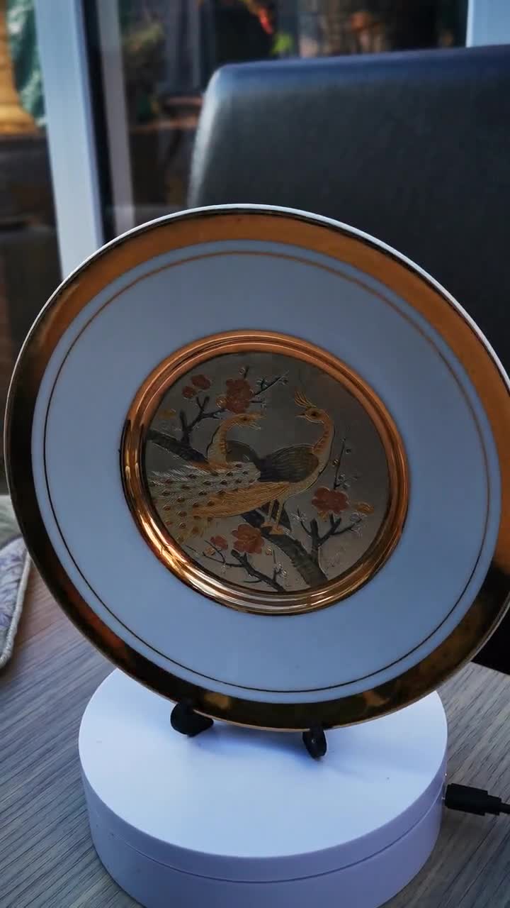 Japanese Chokin Art Plate: 24K Gold & Silver Peacocks, Original