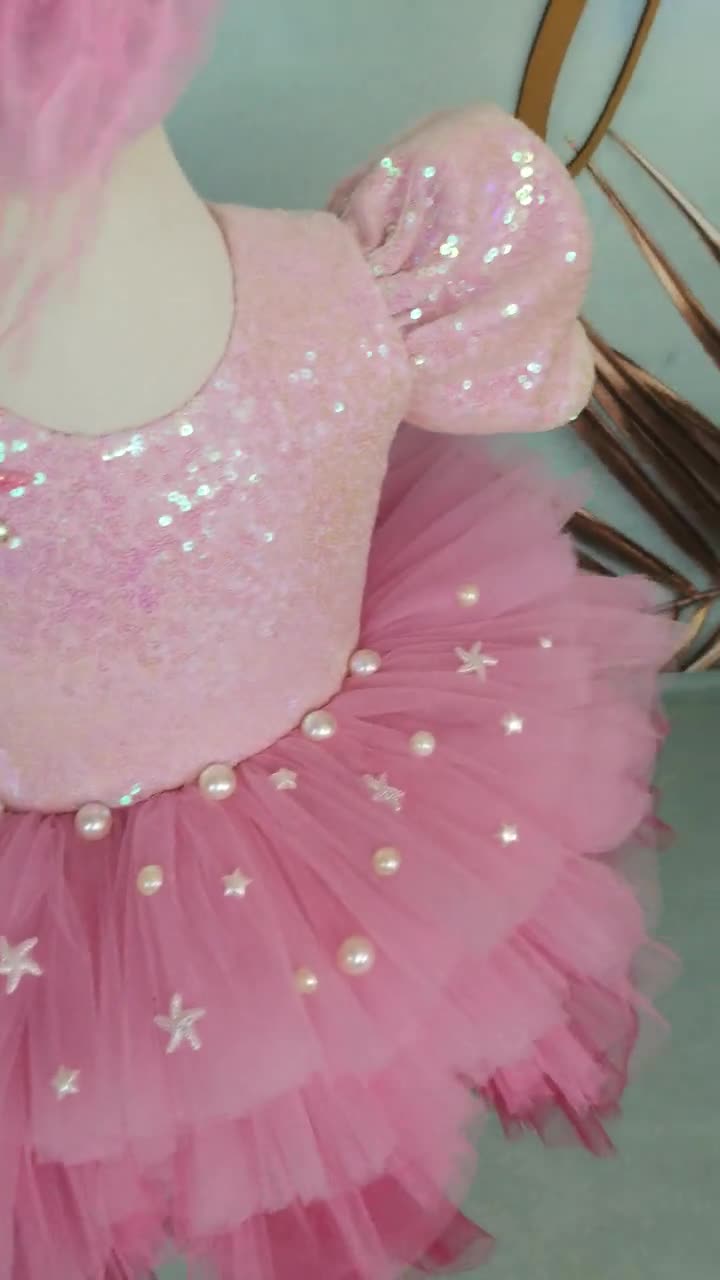 Abito da spettacolo per bambini a sirena rosa, costume sotto il mare, abito  da ballo personalizzato con stelle marine, abito da ragazza di fiori, abito  da principessa, primo compleanno del bambino 