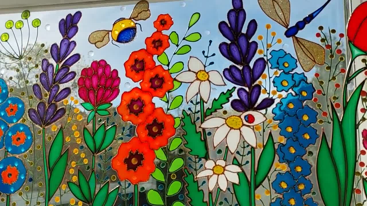 草原 野の花 3D ガラス絵画 ペイントガラス ガラスアート サン 草原 野の花 3D ガラス絵画 ペイントガラス ガラスアート サン