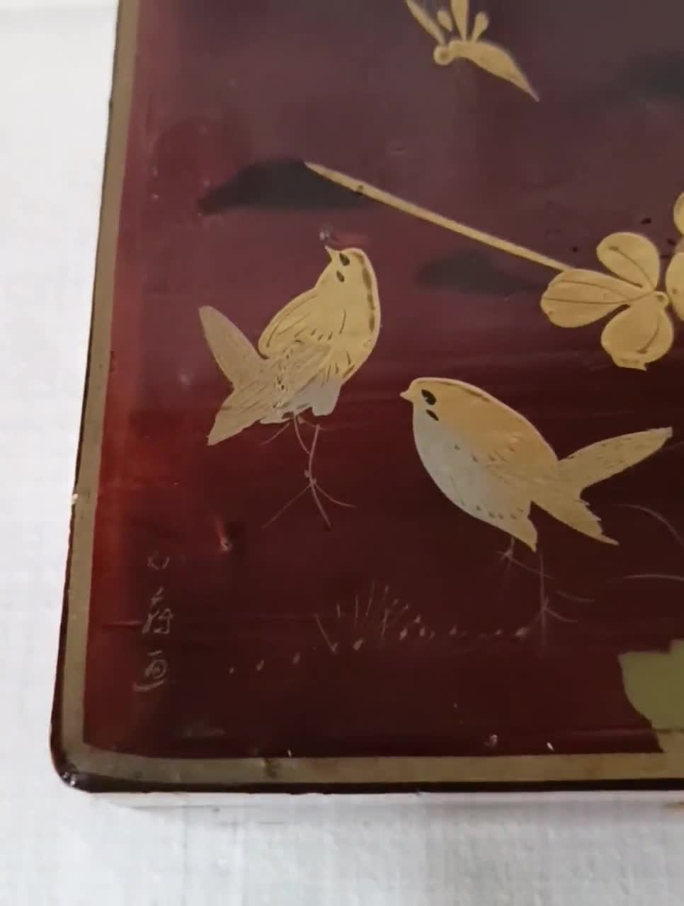 Vintage Japanese Style Lacquered Box With Bird and Peony