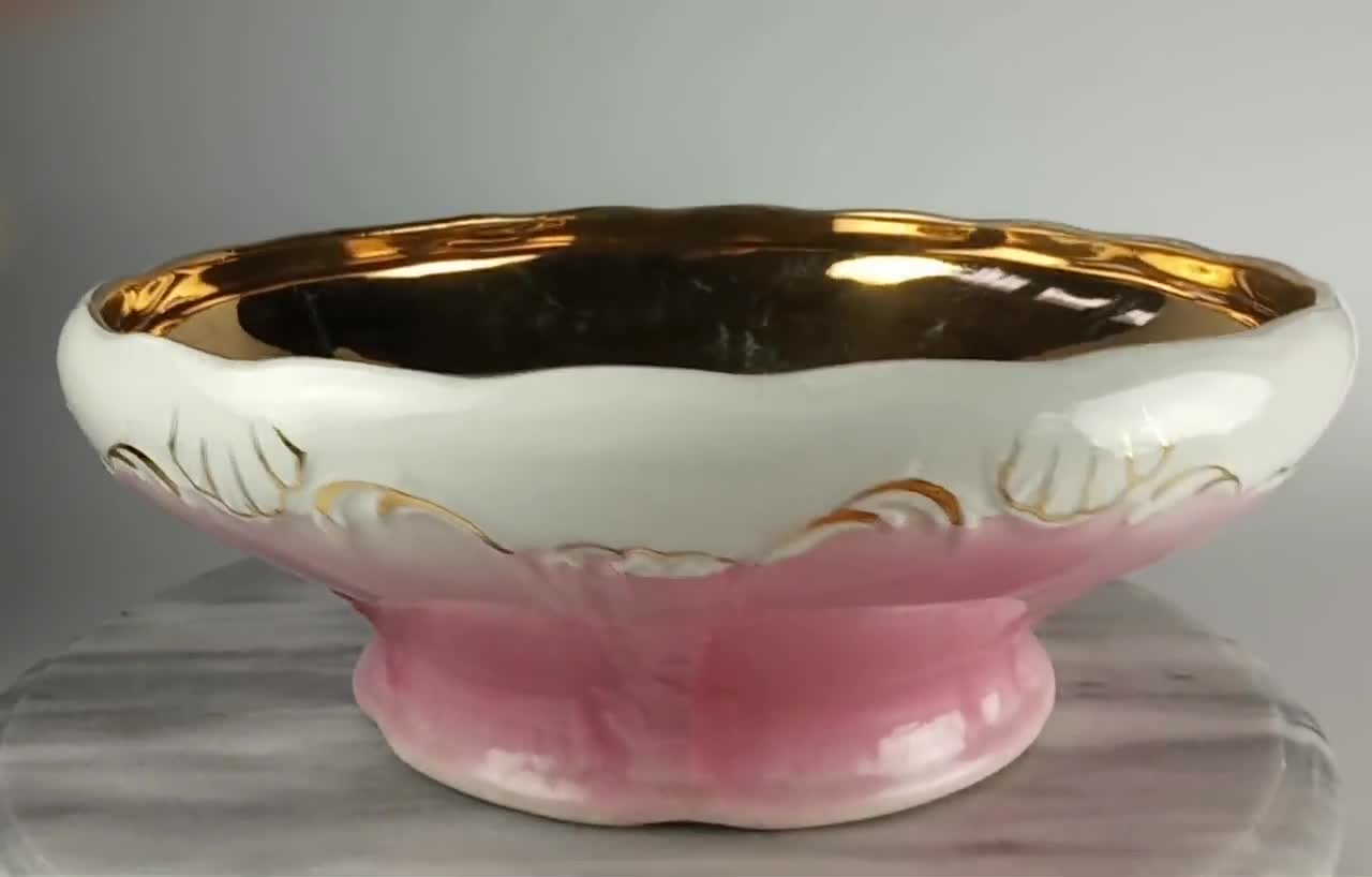 Antique Porcelain Bowl, Antique Decorative Serving Bowl, Pink Gold Trim, Landscape Design, Hand Painted Bird fashion Bowl, Decorative Pink Gold Bowl