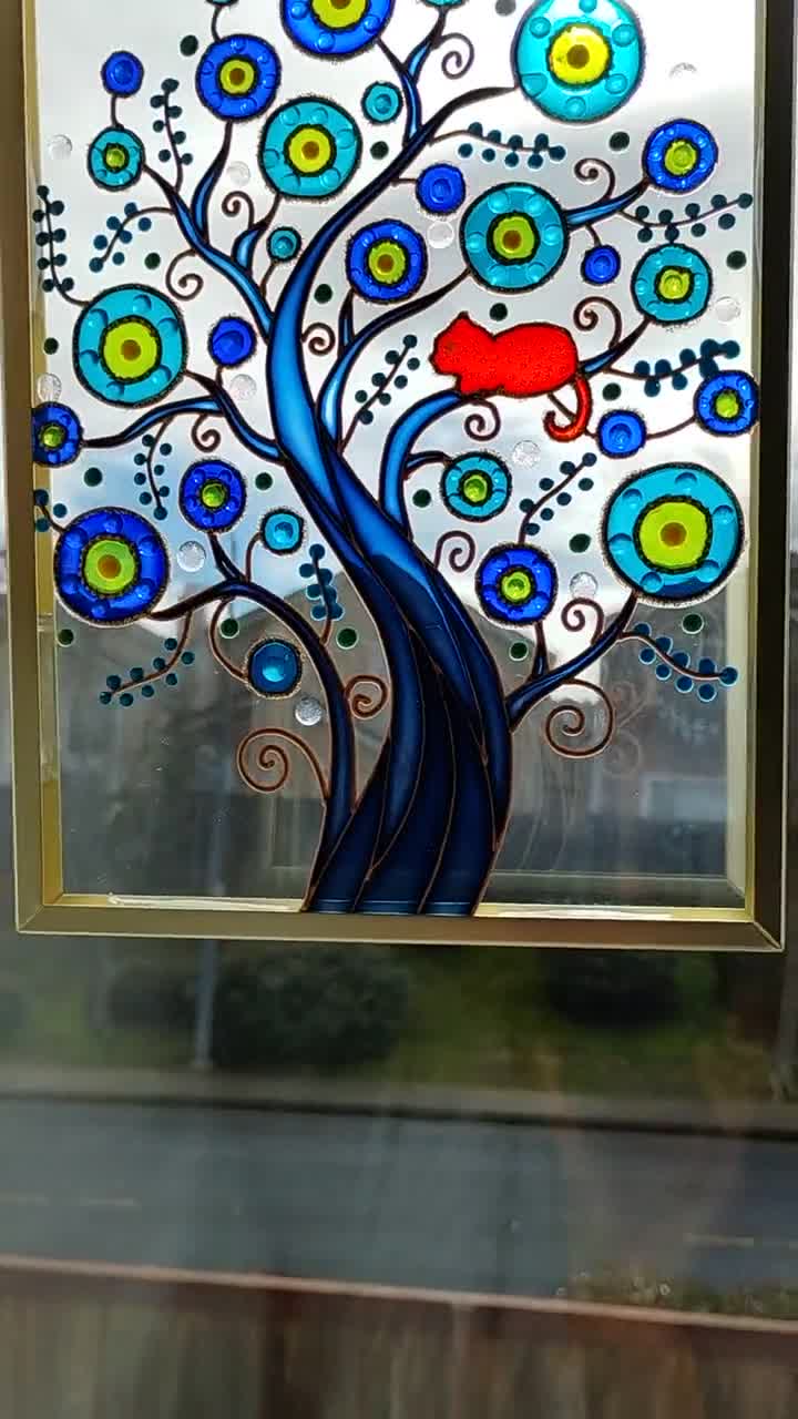 Tree & Cat Suncatcher: 3D Glass Painting, Stained Glass