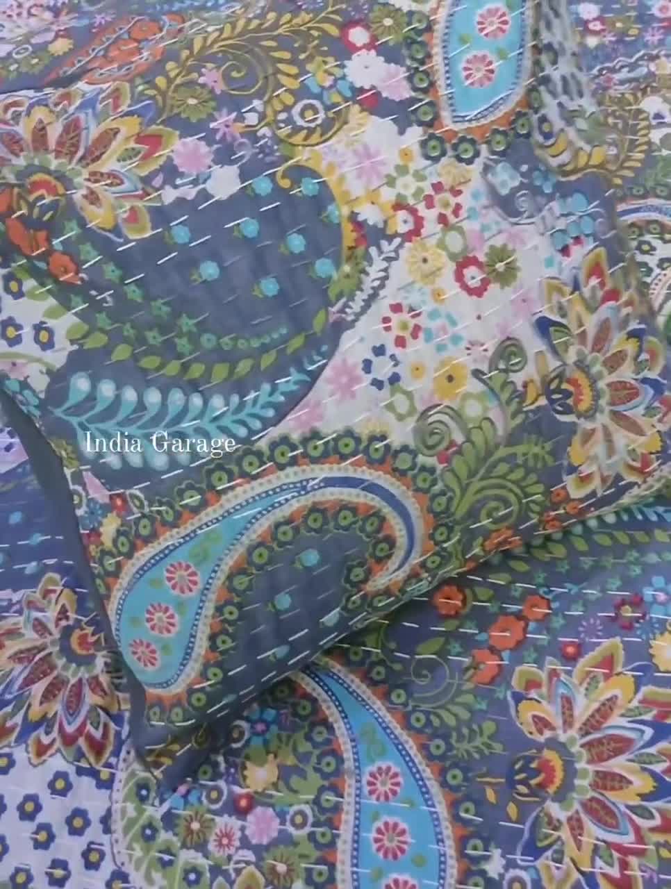Indian Handmade Black Paisley Kantha Quilt – Twin Size Cotton Bedspread Throw
