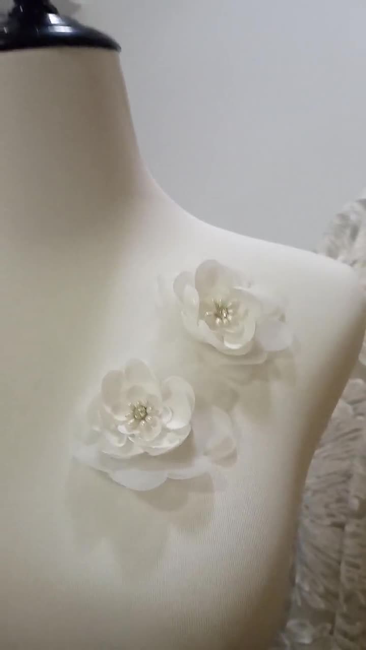 5 Fleurs En Mousseline Avec Strass - 8,5x1,5cm, Blanc, Pour DIY Robes, Chapeaux, Accessoires ! - 8